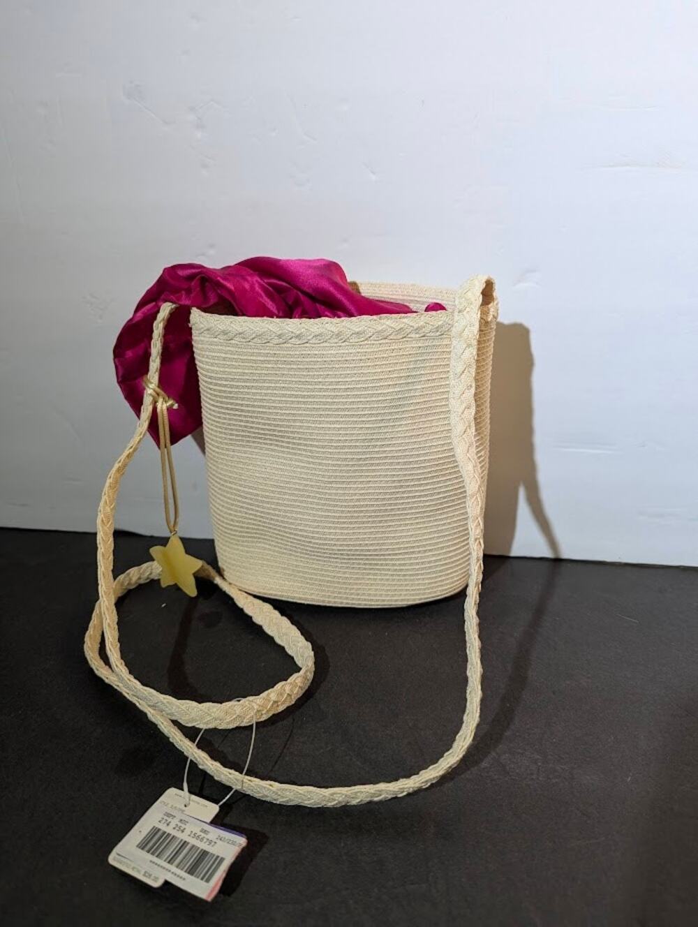 Liz Claiborne Vintage Straw Bucket Crossbody Purse & Red Floral Scarf NWT